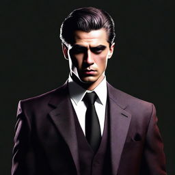 The image is a digital art representation of a handsome young man dressed as a mafia member, rendered in high resolution