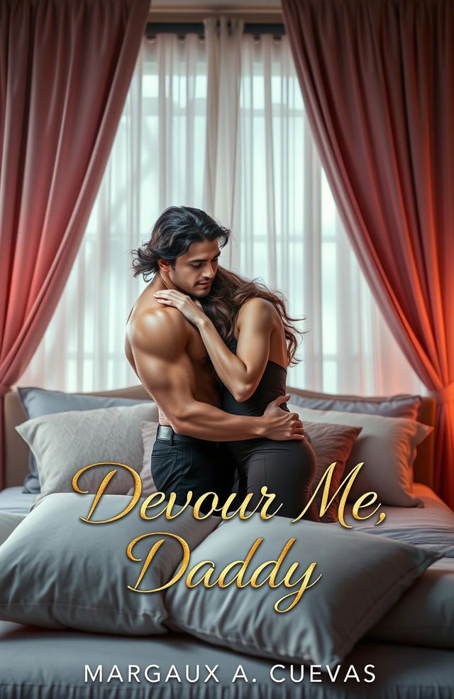 A romantic and passionate book cover for an erotic romance novel titled 'Devour Me, Daddy' by Margaux A