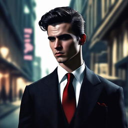 The image is a digital art representation of a handsome young man dressed as a mafia member, rendered in high resolution