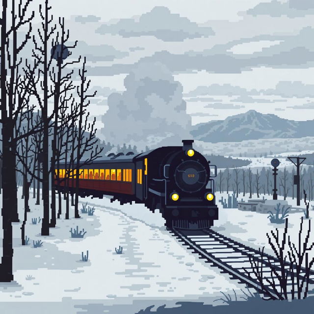 A pixel art scene depicting a melancholic train journey through a Russian landscape