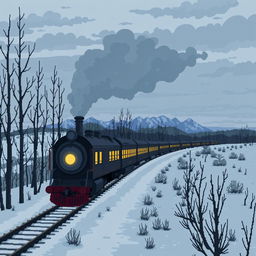 A pixel art scene depicting a melancholic train journey through a Russian landscape