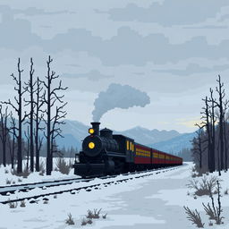 A pixel art scene depicting a melancholic train journey through a Russian landscape