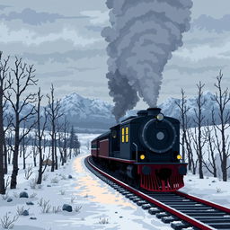 A pixel art scene depicting a melancholic train journey through a Russian landscape