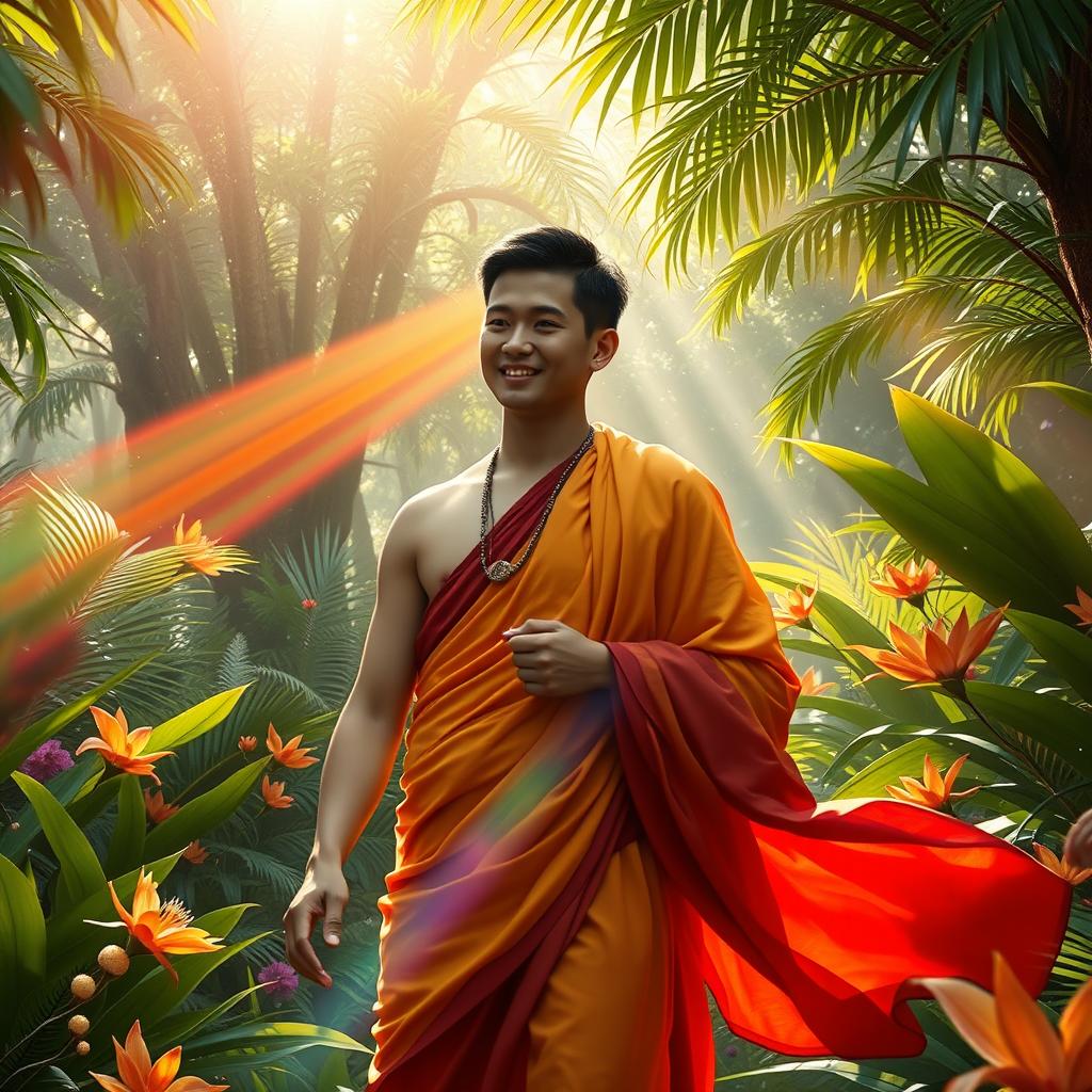 A gay male bodhisattva from the year 2750, featuring short black hair, gracefully wanders through a lush tropical forest