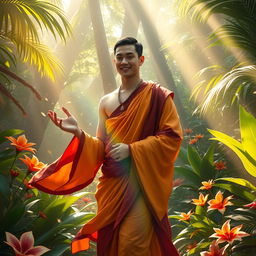 A gay male bodhisattva from the year 2750, featuring short black hair, gracefully wanders through a lush tropical forest