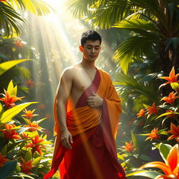 A gay male bodhisattva from the year 2750, featuring short black hair, gracefully wanders through a lush tropical forest