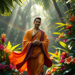 A gay male bodhisattva from the year 2750, featuring short black hair, gracefully wanders through a lush tropical forest