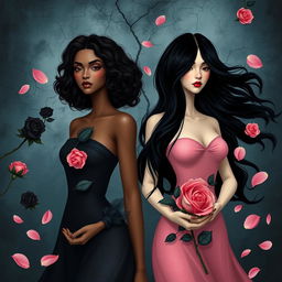 A striking image featuring two stylized women representing contrasting roses