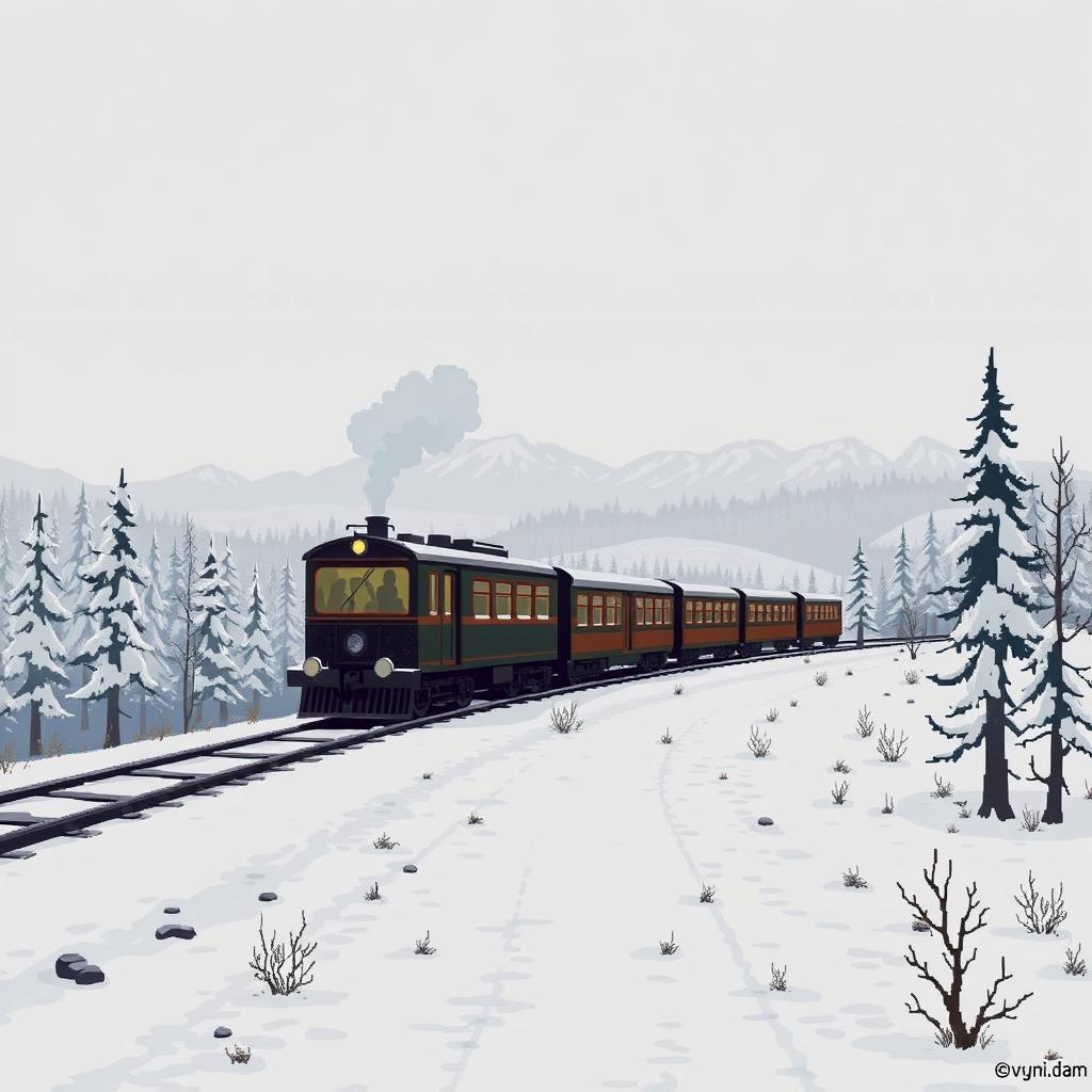 A pixel art scene depicting a melancholic train journey through a Russian landscape