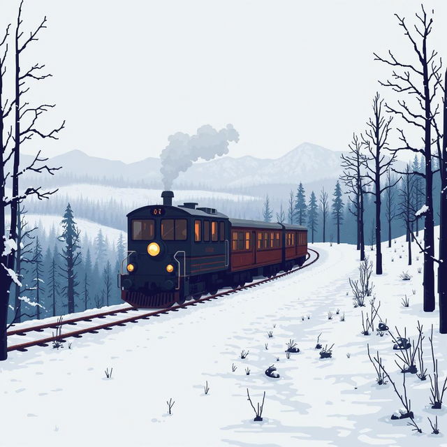 A pixel art scene depicting a melancholic train journey through a Russian landscape