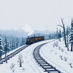 A pixel art scene depicting a melancholic train journey through a Russian landscape