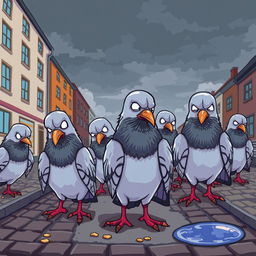 A vibrant pixel art scene depicting a group of sad pigeons in an urban setting, characterized by their cartoonish, exaggerated features and emotions