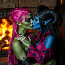 A sensual scene featuring a Yuan-ti pureblood woman with green scaly skin and long bright pink hair styled elegantly, enhancing her mysterious allure
