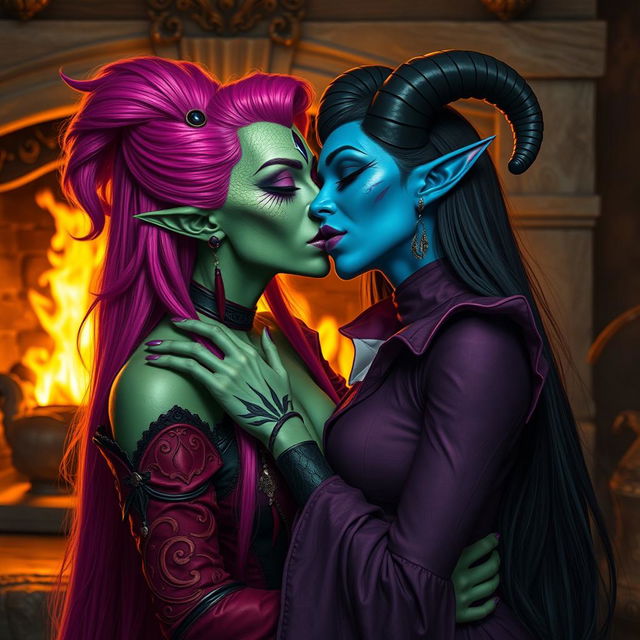 A sensual scene featuring a Yuan-ti pureblood woman with green scaly skin and long bright pink hair styled elegantly, enhancing her mysterious allure