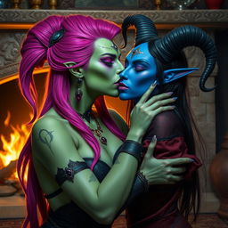 A sensual scene featuring a Yuan-ti pureblood woman with green scaly skin and long bright pink hair styled elegantly, enhancing her mysterious allure