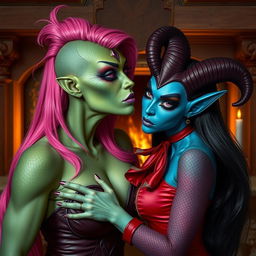 A sensual scene featuring a Yuan-ti pureblood woman with green scaly skin and long bright pink hair styled elegantly, enhancing her mysterious allure