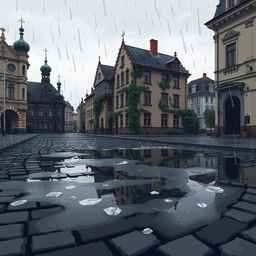 A pixel art scene depicting a melancholic landscape in Russia, featuring reflections in large puddles on a cobblestone street
