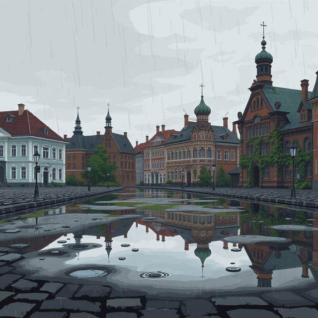 A pixel art scene depicting a melancholic landscape in Russia, featuring reflections in large puddles on a cobblestone street