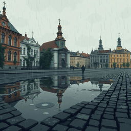 A pixel art scene depicting a melancholic landscape in Russia, featuring reflections in large puddles on a cobblestone street