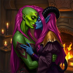 A Yuan-ti pureblood woman with vibrant green scaly skin and long, bright pink hair, adorned with striking purple lipstick, passionately kissing a beautiful blue tiefling woman