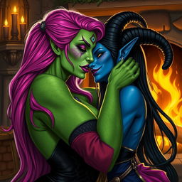 A Yuan-ti pureblood woman with vibrant green scaly skin and long, bright pink hair, adorned with striking purple lipstick, passionately kissing a beautiful blue tiefling woman