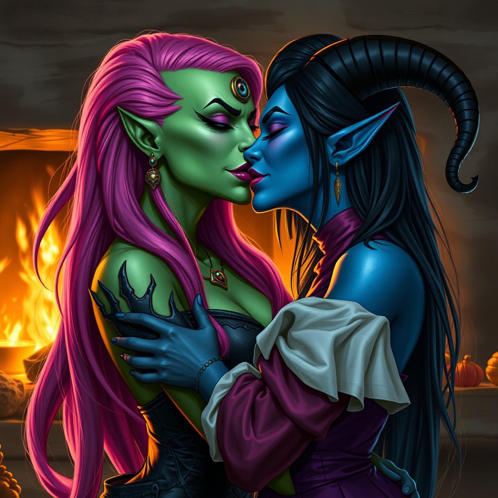 A Yuan-ti pureblood woman with vibrant green scaly skin and long, bright pink hair, adorned with striking purple lipstick, passionately kissing a beautiful blue tiefling woman