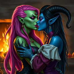 A Yuan-ti pureblood woman with vibrant green scaly skin and long, bright pink hair, adorned with striking purple lipstick, passionately kissing a beautiful blue tiefling woman