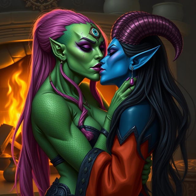 A Yuan-ti pureblood woman with vibrant green scaly skin and long, bright pink hair, adorned with striking purple lipstick, passionately kissing a beautiful blue tiefling woman