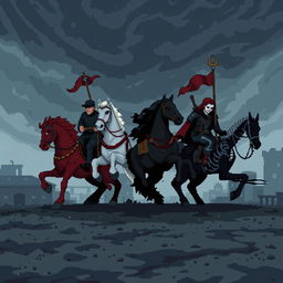A pixel art scene depicting the Four Horsemen of the Apocalypse with a melancholic atmosphere
