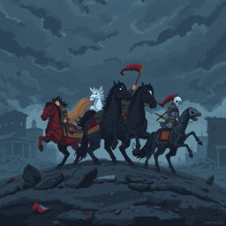 A pixel art scene depicting the Four Horsemen of the Apocalypse with a melancholic atmosphere