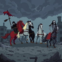 A pixel art scene depicting the Four Horsemen of the Apocalypse with a melancholic atmosphere