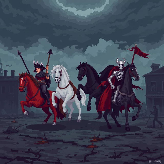 A pixel art scene depicting the Four Horsemen of the Apocalypse with a melancholic atmosphere