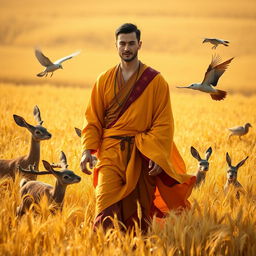 A gay male Persian bodhisattva from the year 4001, featuring short black hair and a handsome, chiseled face, wanders gracefully through a golden wheat field