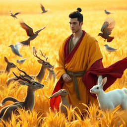 A gay male Persian bodhisattva from the year 4001, featuring short black hair and a handsome, chiseled face, wanders gracefully through a golden wheat field