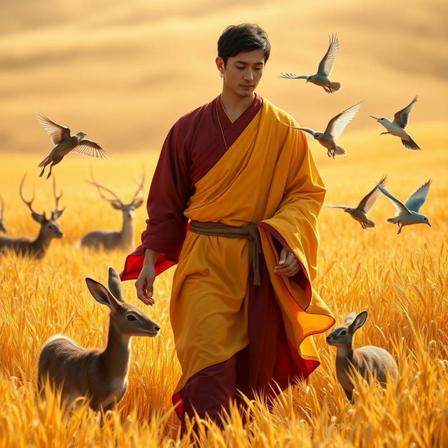 A gay male Persian bodhisattva from the year 4001, featuring short black hair and a handsome, chiseled face, wanders gracefully through a golden wheat field