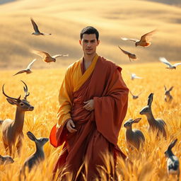 A gay male Persian bodhisattva from the year 4001, featuring short black hair and a handsome, chiseled face, wanders gracefully through a golden wheat field