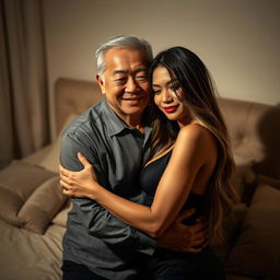 A tender scene in a softly lit bedroom at night, featuring an older Chinese man with a warm, kind expression, lovingly embracing a stunningly beautiful and sexy woman with long, flowing hair