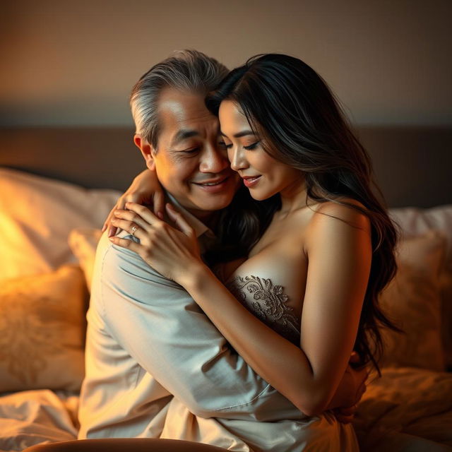 A tender scene in a softly lit bedroom at night, featuring an older Chinese man with a warm, kind expression, lovingly embracing a stunningly beautiful and sexy woman with long, flowing hair