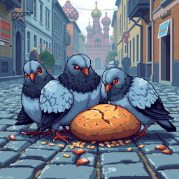 Pixel art scene featuring sad doves gathered around a piece of bread