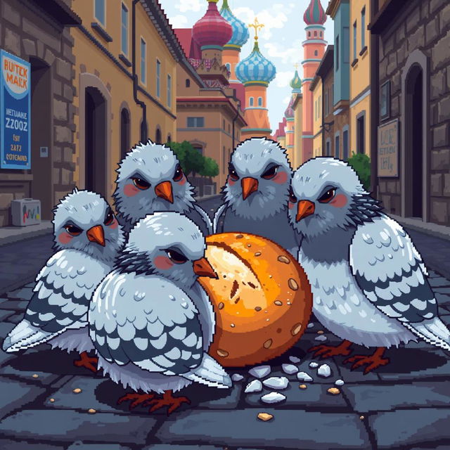 Pixel art scene featuring sad doves gathered around a piece of bread