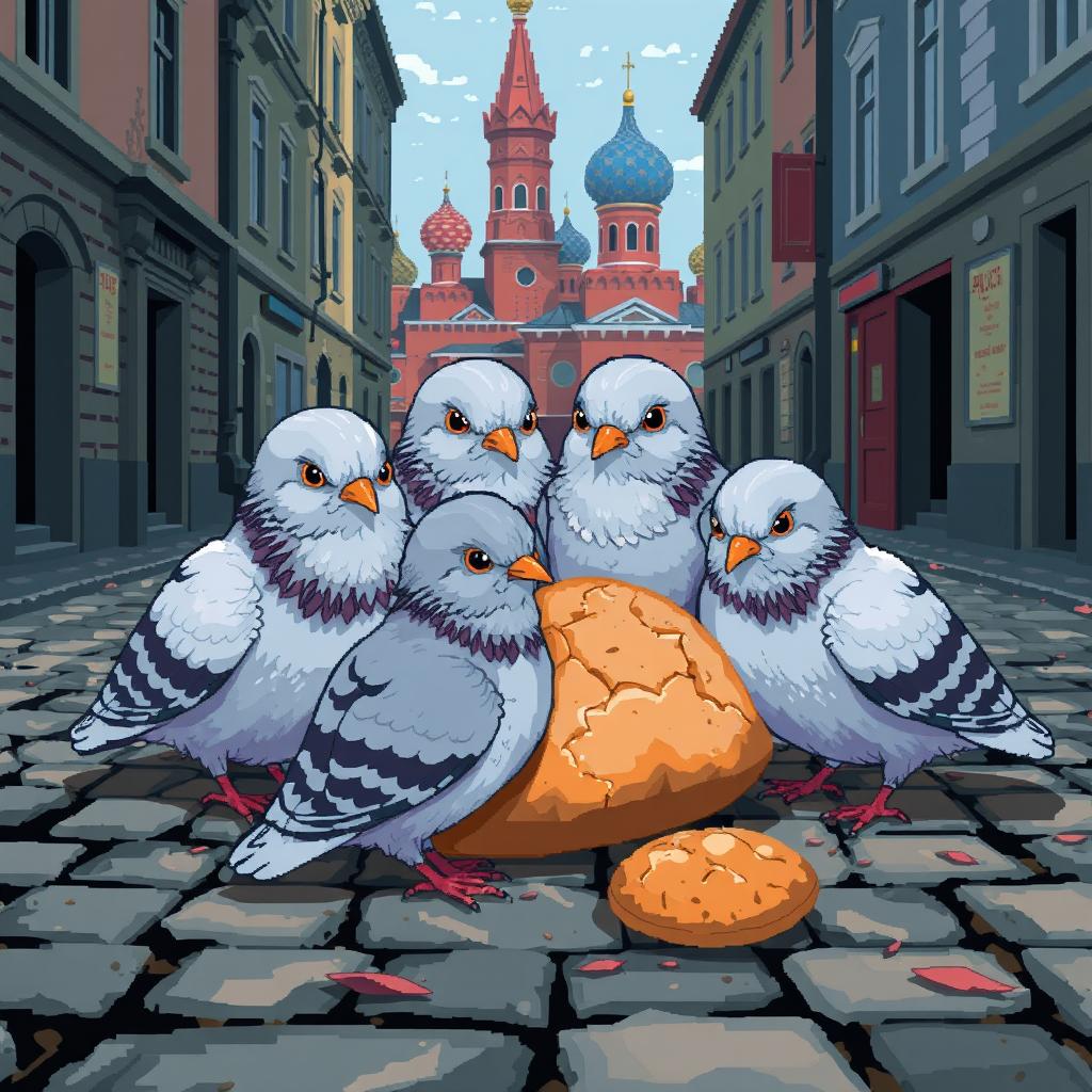 Pixel art scene featuring sad doves gathered around a piece of bread