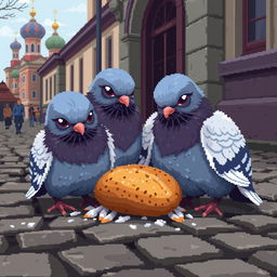 Pixel art scene featuring sad doves gathered around a piece of bread