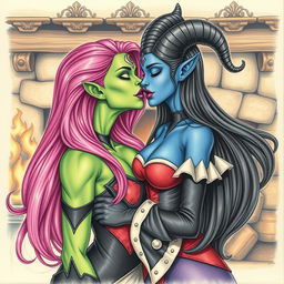 A Yuan-ti pureblood woman with vibrant green scaly skin and long bright pink hair, showcasing striking purple lipstick and a unique third eye on her forehead, is passionately kissing a beautiful blue tiefling woman