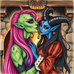 A Yuan-ti pureblood woman with vibrant green scaly skin and long bright pink hair, showcasing striking purple lipstick and a unique third eye on her forehead, is passionately kissing a beautiful blue tiefling woman