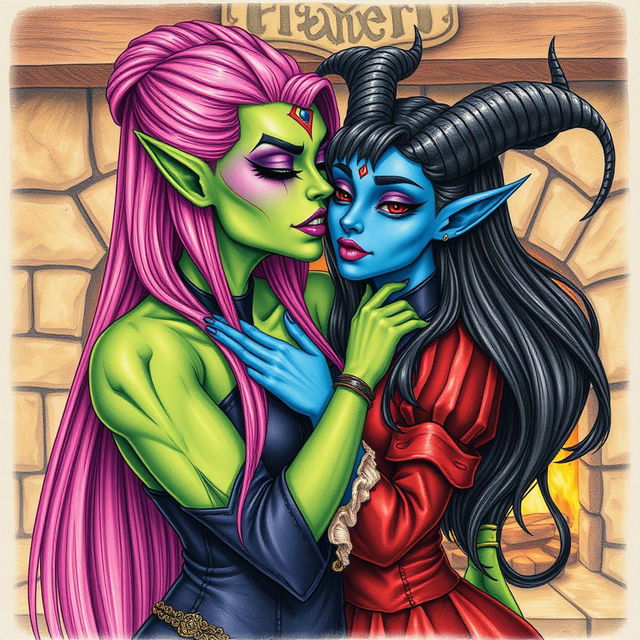 A Yuan-ti pureblood woman with vibrant green scaly skin and long bright pink hair, showcasing striking purple lipstick and a unique third eye on her forehead, is passionately kissing a beautiful blue tiefling woman