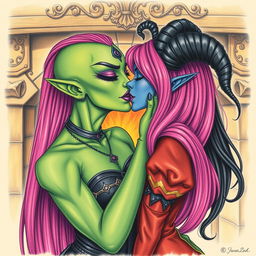 A Yuan-ti pureblood woman with vibrant green scaly skin and long bright pink hair, showcasing striking purple lipstick and a unique third eye on her forehead, is passionately kissing a beautiful blue tiefling woman