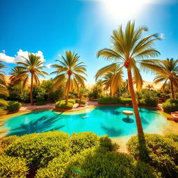A breathtaking desert oasis, featuring lush palm trees swaying in the gentle breeze, vibrant green vegetation surrounding a crystal-clear turquoise pool of water