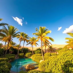 A breathtaking desert oasis, featuring lush palm trees swaying in the gentle breeze, vibrant green vegetation surrounding a crystal-clear turquoise pool of water