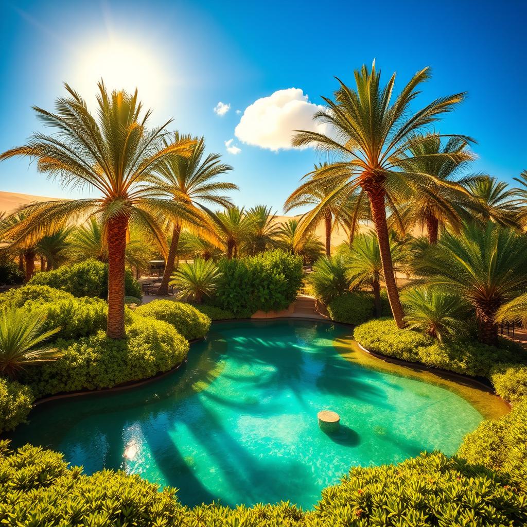 A breathtaking desert oasis, featuring lush palm trees swaying in the gentle breeze, vibrant green vegetation surrounding a crystal-clear turquoise pool of water