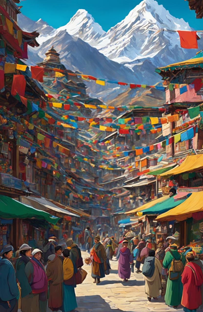 A high-resolution digital artwork of a bustling Tibetan marketplace in the heart of the Himalayas, rendered in the distinctive style of Studio Ghibli